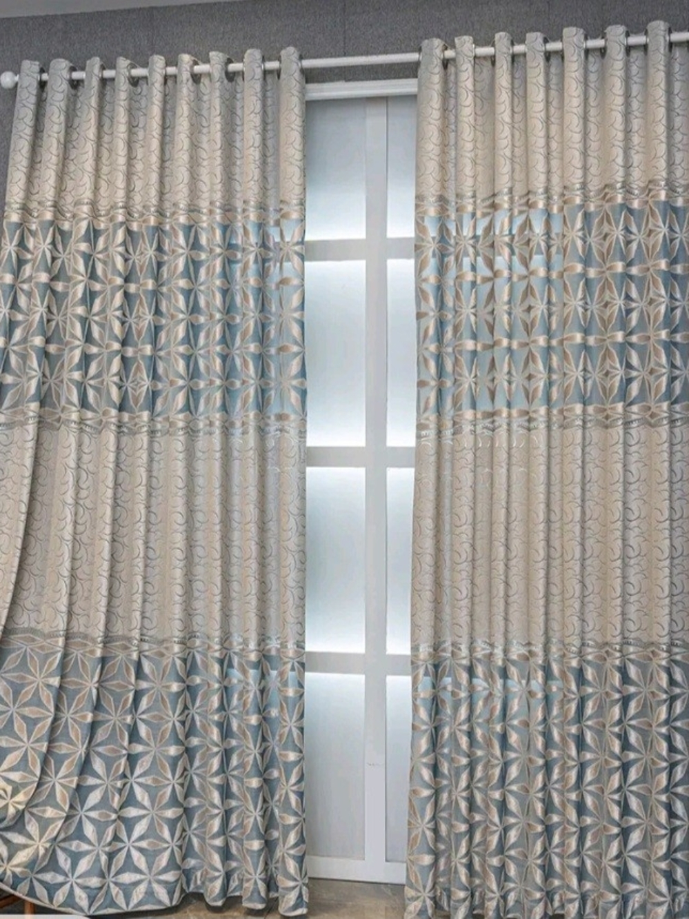 Elegant Blue and Cream Geometric Window Curtains
